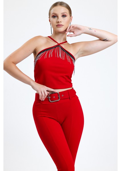 Göğüs Taşlı Zincir Şeritli Scuba Krep Bluz | BLZ34824 Kırmızı fiyatları