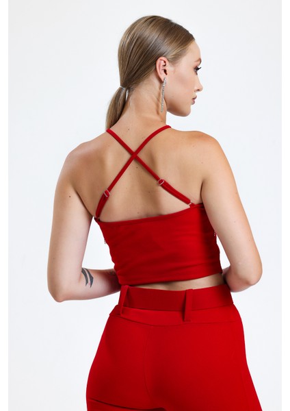 Göğüs Taşlı Zincir Şeritli Scuba Krep Bluz | BLZ34824 Kırmızı indirimleri