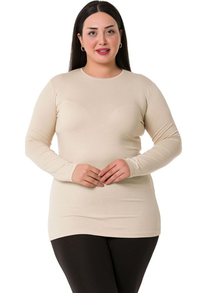 Büyük Beden Bisiklet Yaka Uzun Kollu Viskon Bej Body