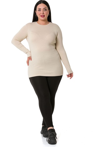 Büyük Beden Bisiklet Yaka Uzun Kollu Viskon Bej Body fiyatları