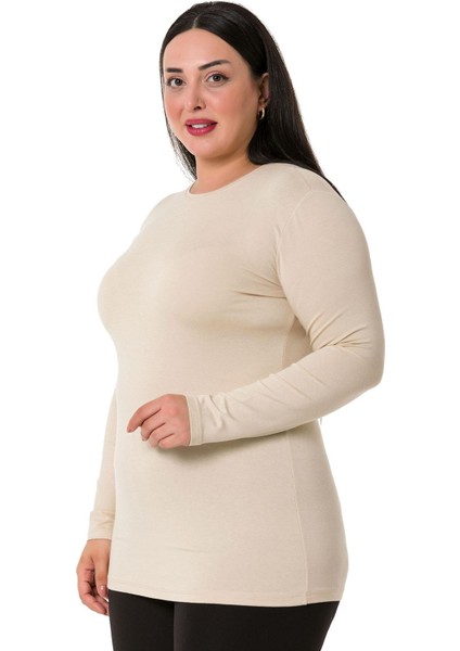 Büyük Beden Bisiklet Yaka Uzun Kollu Viskon Bej Body fırsatları