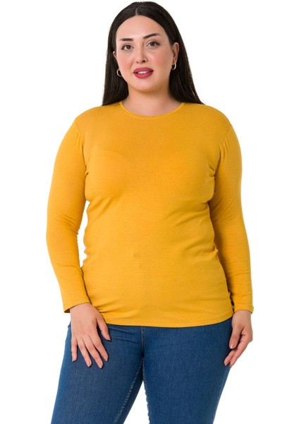 Büyük Beden Bisiklet Yaka Uzun Kollu Viskon Hardal Body