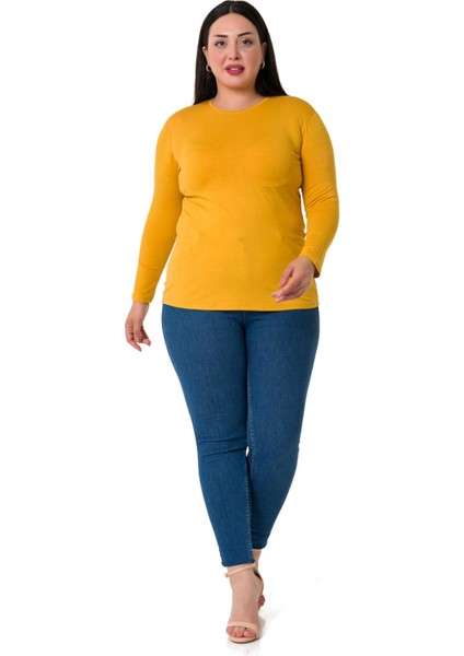 Büyük Beden Bisiklet Yaka Uzun Kollu Viskon Hardal Body fiyatları