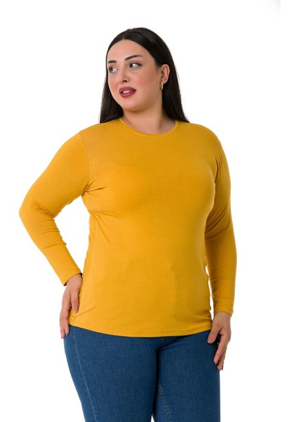 Büyük Beden Bisiklet Yaka Uzun Kollu Viskon Hardal Body fırsatları