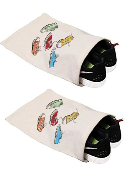 Renkli Ayakkabı Baskılı Ayakkabı Torbası 30 x 37 cm Ham Bez Kumaş ( 3 Adet Için )