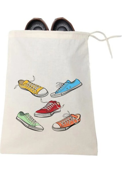 Renkli Ayakkabı Baskılı Ayakkabı Torbası 30 x 37 cm Ham Bez Kumaş ( 3 Adet Için )