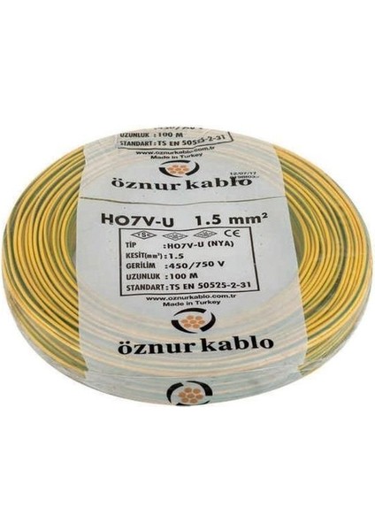 1,5 mm Nya Kablo Sarı Yeşil - 100 Metre