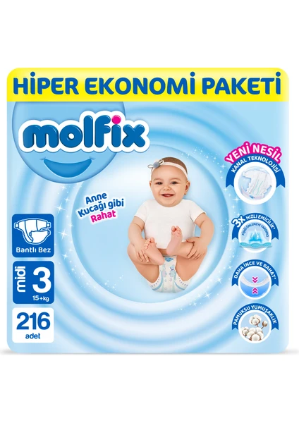 Bebek Bezi 3 Beden Midi Hiper Ekonomi Paketi 216 Adet