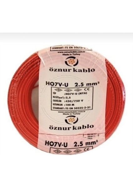 Öznur 2,5 Luk Nya Kablo Tek Damar 100 mt Kırmızı
