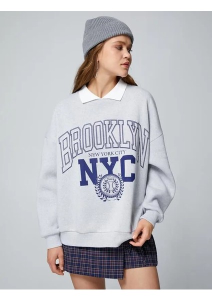 Oversize Kolej Sweatshirt Polo Yaka Baskılı