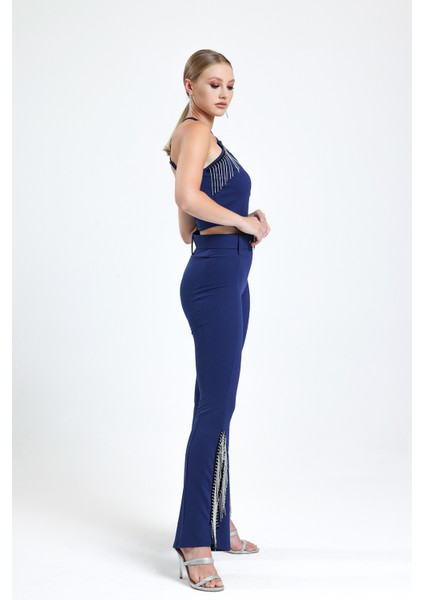 Kemerli Paça Volanlı Pike Çelik Pantolon | PNT32698 Saks modelleri