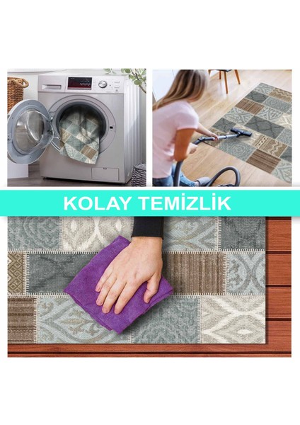 Ilyaki Home Chaya Desenli Kadife Pamuk Tabanlı Yıkanabilen Kaydırmaz Salon Halısı