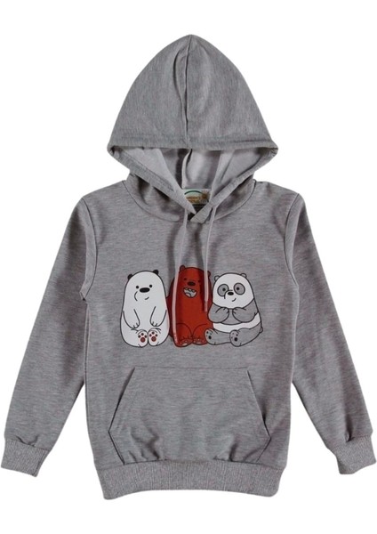 Kız Çocuk Gri Renk Panda Baskılı Over Fit Kanguru Cepli Kapüşonlu Sweatshirt