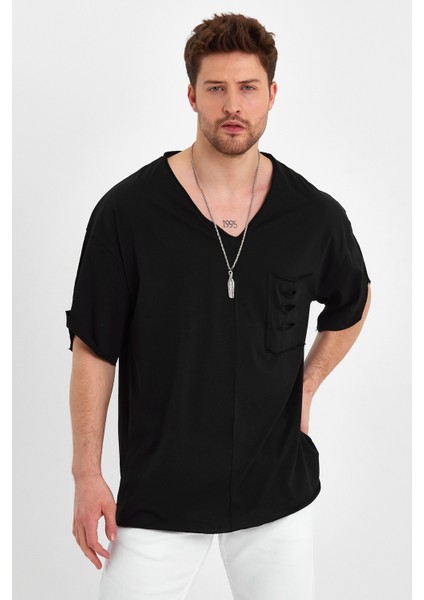 Cep Detaylı V Yaka Süper Oversize T-Shirt fiyatları