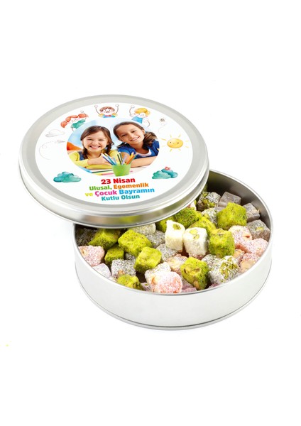 Fotoğraflı 23 Nisan Hediyesi Çifte Kavrulmuş Lokum (Metal Yuvarlak Kutu) 300g