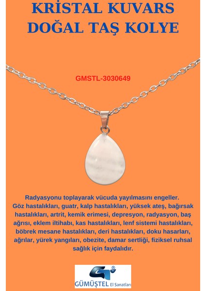 Kristal Kuvars Doğal Taş Damla Kesim Kolye Aaa Kalite Sürpriz Hediyeli