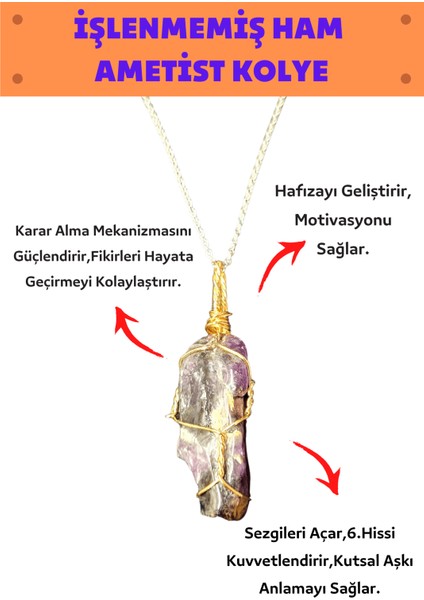 Işlenmemiş Ham Ametist Doğal Taş Kadın Kolye Gümüştelenergykolye