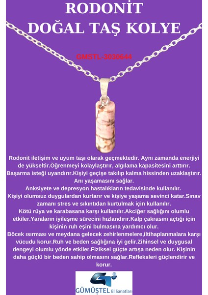 Rodonit Doğal Taş Kolye Özel Kesim Aaa Kalite Sürpriz Hediyeli