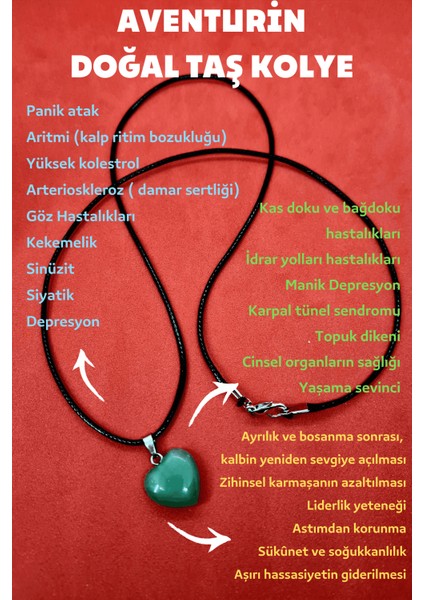 Doğal Aventurin Taşı Kalp Kolye Zincir Dahil