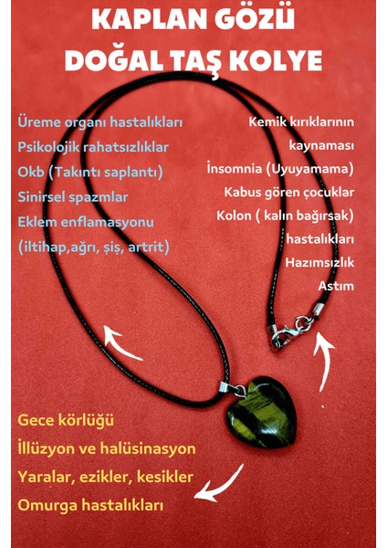 Doğal Kaplan Gözü Taşı Kalp Kolye Zincir Dahil