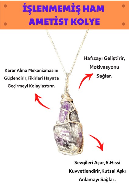 Işlenmemiş Ham Ametist Doğal Taş Kadın Kolye Gümüştelenergykolye