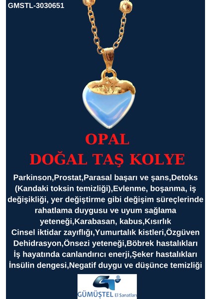 Gümüştel El Sanatları Opal Doğal Taş Kalp Tasarım Kolye Özel Tasarım Zincir Hediyeli Aaa Kalite