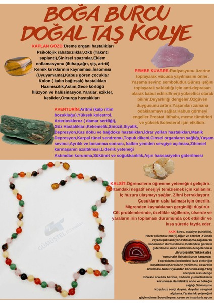 Sertifikalı Özel Tasarım Boğa Burcu Kolye Kaplan Gözü Pembe Kuvars Aventurin Akik Kalsit