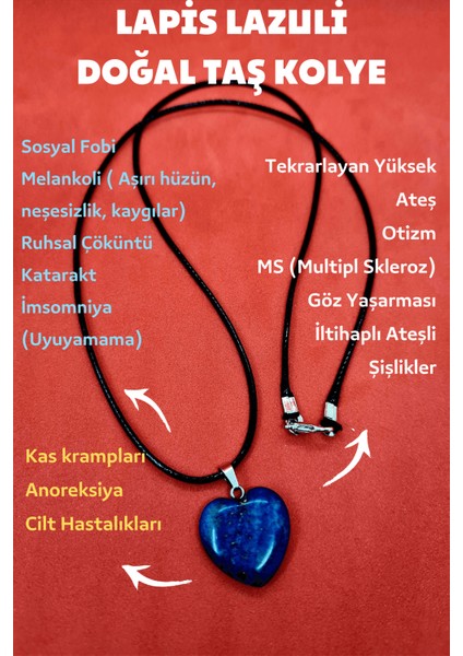 Doğal Lapis Lazuli Taşı Kalp Kolye Zincir Dahil