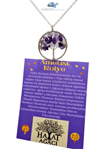 Ametist Taşı Hayat Ağacı Kolye Orijinal Doğal Taş