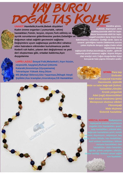 Sertifikalı Özel Tasarım Yay Burcu Kolye Unakit Oniks Sitrin Lapis Lazuli Kristal Kuvars