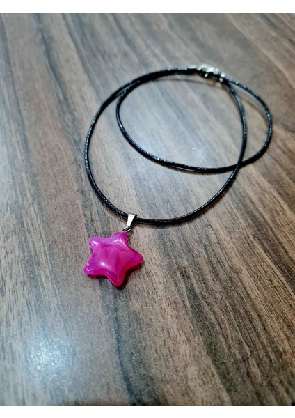 Pembe Akik Doğal Taş Kolye Yıldız Model Zincir Hediyeli