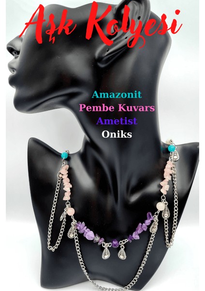 Aşk Kolyesi Doğal Taş Ametist Pembe Kuvars Amazonit Özel Tasarım