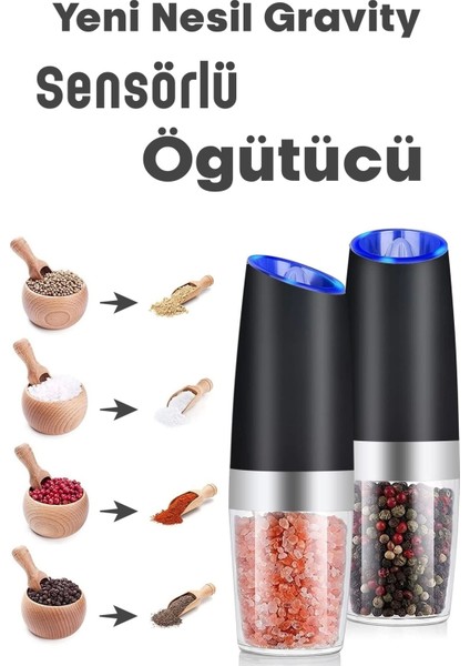 Sensörlü Otomatik Karabiber Tuz Değirmeni Seramik Bıçaklı LED Işıklı 5 Kademeli