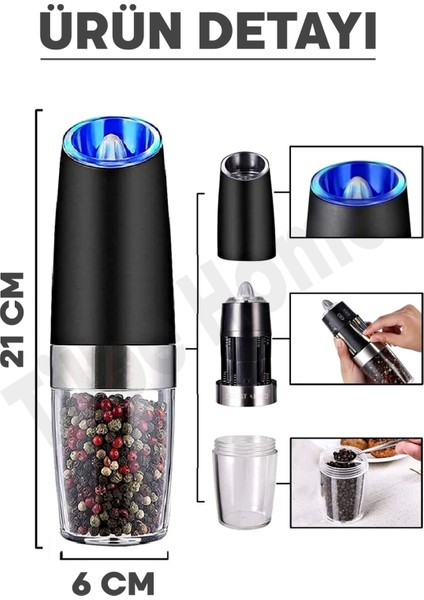 Sensörlü Otomatik Karabiber Tuz Değirmeni Seramik Bıçaklı LED Işıklı 5 Kademeli