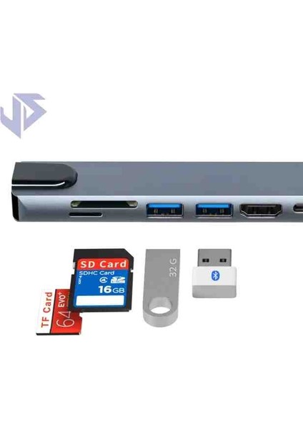 USB Çoklayıcı 8in1 Hub Type-C 4K Hdmı Sd Tf Kart Okuyucu USB 3.0 Okuyucu Adaptör