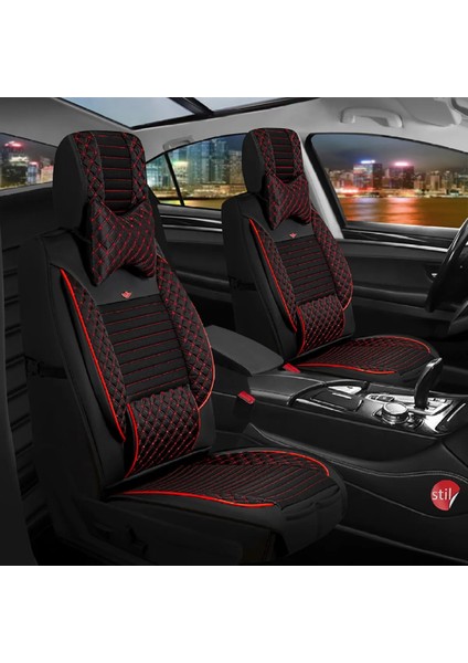 Fiat Egea Stw Uyumlu Lüks Deri Oto Koltuk Kılıfı 5'li Set Siyah Kırmızı