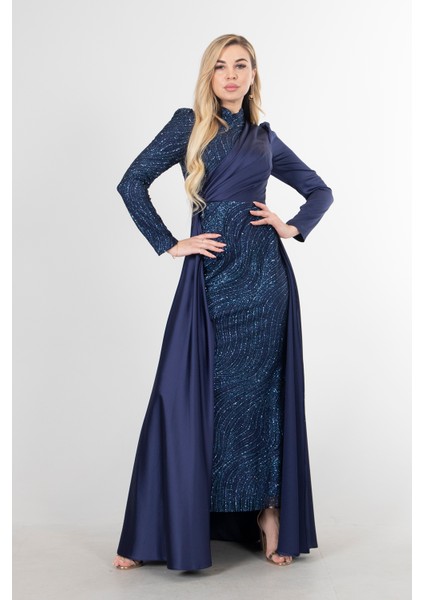 Lacivert Drape ve Kuyruk Detaylı Simli Abiye Elbise 6502422.02