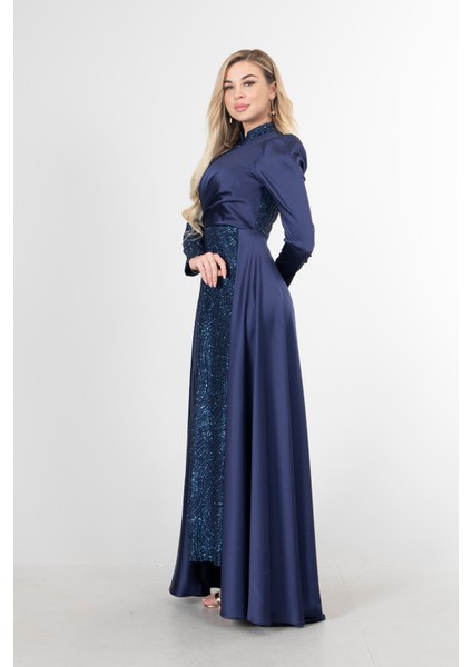 Lacivert Drape ve Kuyruk Detaylı Simli Abiye Elbise 6502422.02