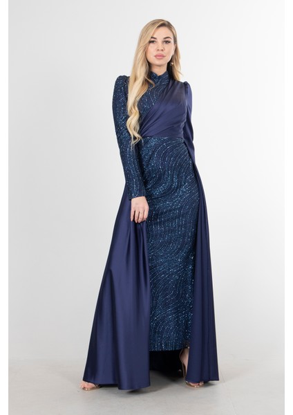 Lacivert Drape ve Kuyruk Detaylı Simli Abiye Elbise 6502422.02