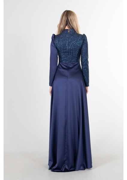 Lacivert Drape ve Kuyruk Detaylı Simli Abiye Elbise 6502422.02