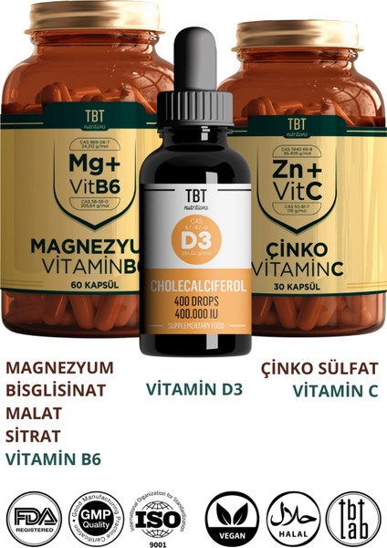 Magnezyum Bisglisinat/malat/sitrat + Vitamin B6 - Çinko + Vitamin C - Vitamin D3 Kolekalsiferol