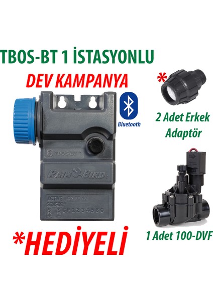 Rain Bird TBOS-BT1LT Pilli Kontrol Ünitesi 9V. 1 Istasyonlu Bluetooth + 1 Adet 100DVF 9V. Vana Seti