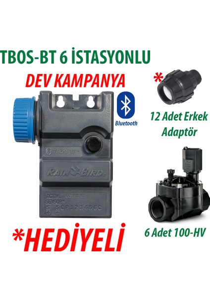 Rain Bird TBOS-BT6LT Pilli Kontrol Ünitesi 9V. 6 Istasyonlu Bluetooth + 6 Adet 100HV 9V. Vana Seti