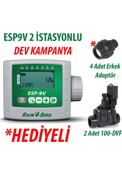 ESP9VI2 Pilli Kontrol Ünitesi 9V. 2 Istasyonlu ve 2 Adet 100DVF 9V. Vana Seti