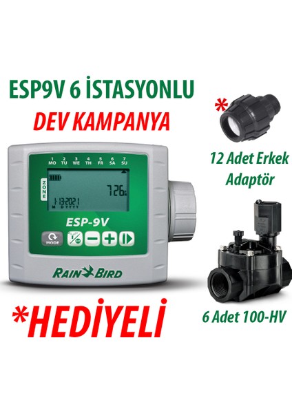 ESP9VI6 Pilli Kontrol Ünitesi 9V. 6 Istasyonlu ve 6 Adet 100HV 9V. Vana Seti