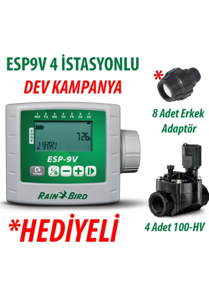 Rain Bird  ESP9VI4 Pilli Kontrol Ünitesi 9V. 4 Istasyonlu ve 4 Adet 100HV 9V. Vana Seti