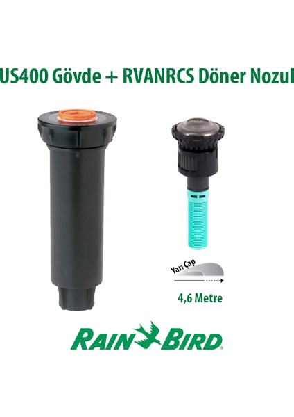 Rain Bird Rvanrcs Döner Nozul, Açı Ayarsız, 1,5x4,6 Mt. ve  1804 Profesyonel Sprey Gövde Seti