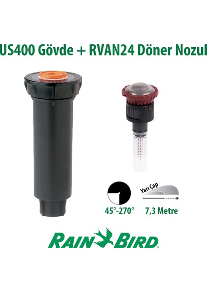 Rain Bird RVAN24 Döner Nozul Açı Ayarlı 5,2 - 7,3 Mt. ve  1804 Profesyonel Sprey Gövde Seti