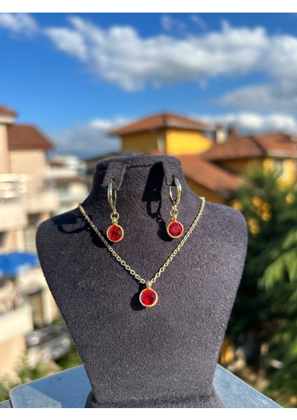 Kırmızı Oval Taşlı Kolye Küpe Set