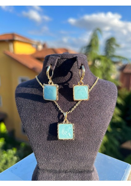 Mavi Kare Taşlı Kolye Küpe Set